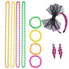 80s neon accessory set with four beaded necklaces and bracelets in pink orange yellow green