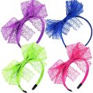 Four neon lace bow headbands in green, pink, purple and blue for 80s themed parties