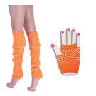 Neon orange ribbed leg warmers and fingerless fishnet gloves on adult model