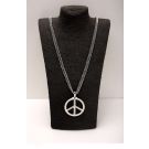 70s hippie peace symbol necklace on double curb chain, close-up of rhinestone-set spokes