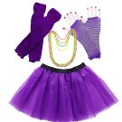 Womens 80s Costume Accessories Set - Purple Tutu Skirt Fishnet Gloves Leg Warmers Neon Beads - alternate view 7