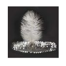 Silver sequined flapper headband with white ostrich feather and crystal centerpiece