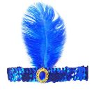 1920s flapper headband with royal blue feather and sequined band