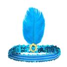 Blue sequined 1920s flapper headband with vertical feather and gold brooch