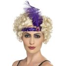 Purple flapper headband with ostrich feather and gold medallion on model