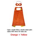 Kids orange and yellow reversible superhero cape with black mask on white background