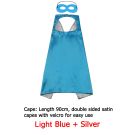 Kids superhero cape and mask set in light blue and silver reversible satin with Velcro closure
