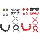 1950s rockabilly accessory set with black and red polka dot cat-eye glasses, disc necklace, hoop earrings, headband and scarf