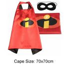 Kids red superhero cape with black lining and logo appliqué, reversible design