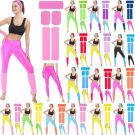 Adult 80s aerobics costume set with neon pink leggings, hot pink leg warmers, and matching terry cloth headband and wristbands