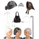 10-piece grandma costume accessory set with grey wig, pearl jewelry, walking stick and leopard scarf for 100 Days of School