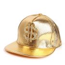Gold conscious rapper hat with rhinestone dollar sign emblem on front