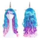 Girls rainbow unicorn wig with silver horn showing blue to purple to pink ombre gradient