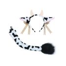 Cow ears headband with pink lining and bell-trimmed ribbons, plus spotted tail with black tuft