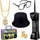 Adult 80s hip hop rapper accessory set with gold dollar sign necklace, ring, bucket hat, oversized glasses, and inflatable boom box and phone on white background