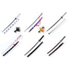 Kids 77cm wooden anime katana sword with decorative purple scabbard and gold tsuba guard on display stand