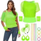 Ladies 80s Costume Green Top Headband Earring Necklace Gloves Earrings