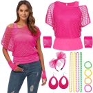 Women's 80s Neon Costume Set with Fishnet Top and Accessories - alternate view