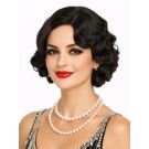 1920s flapper bob wig in black, side profile showing pin-curl ends and graduated wave layers