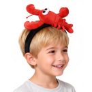 Kids red plush lobster headband with 3D claws and googly eyes on black headband base