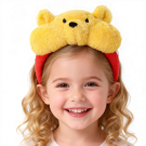 Kids yellow bear headband with 3D plush face and round ears on red fabric band