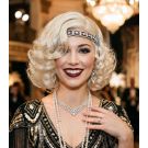 Platinum blonde 1920s flapper wig with finger wave styling and curled bob