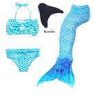 Girls aqua mermaid tail costume with halter bikini top and black monofin for swimming