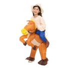 Child wearing carry-me donkey inflatable suit with cream fedora hat and rider pants