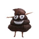 Adult wearing inflatable brown poop emoji costume with white smile and fangs
