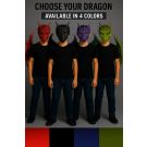 Kids dragon costume set with red foam mask, articulated wings and spiked tail on child model