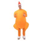 Adult inflatable turkey costume with orange roast body and white tail feathers