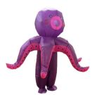 Adult wearing purple inflatable octopus costume with six pink tentacles and battery fan