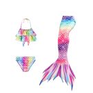 Girls rainbow mermaid swimsuit set with swimmable tail and monofin on white background