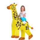 Adult inflatable giraffe ride-on costume with yellow spotted body and blue saddle