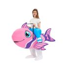 Adult inflatable fish costume with pink tropical fish body and blue leg openings