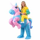 Adult inflatable rainbow unicorn ride-on costume with striped horn and polka-dot hooves