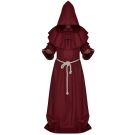 Medieval friar costume showing full-length wine red robe with rope belt