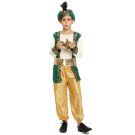 Kids Arabian prince costume with emerald green vest and golden harem pants