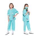 Turquoise veterinarian costume with white reflective trim and elastic waist pants
