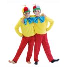 Child wearing Tweedle Dum schoolboy outfit with multicolored cap and spinning propeller