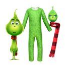 Kids green furry jumpsuit costume with character mask and striped red scarf