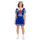 Adult Retro Ice Cream Parlor costume with striped sailor top, blue vest, white shorts, sailor hat and knee socks