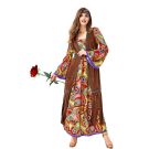 Ladies 70s costume with paisley maxi dress, fringed brown vest, and headband