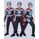 Kids Norse God costume with muscle chest jumpsuit, red cape and winged helmet