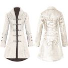 Cream Victorian brocade jacket showing asymmetrical coat-tail hem and metal button details