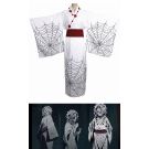 Womens white kimono costume with black spider web print and burgundy obi