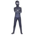 Kids black spider superhero costume with white web pattern and muscle print