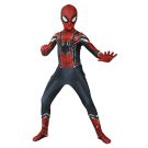Kids red and black spider hero costume full body suit with mask front view