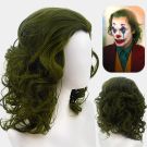Dark olive green wavy wig with shoulder-length styling for comic villain costume