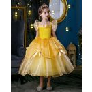 Girls golden princess enchanted tale costume five-layer yellow ball gown with sparkle velvet bodice front view